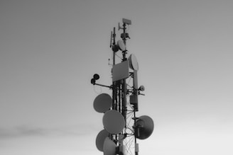 a black and white photo of a cell phone tower