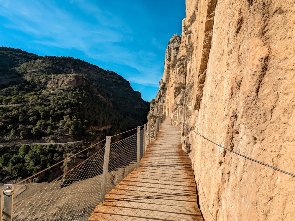 a wooden walkway going up a mountain side