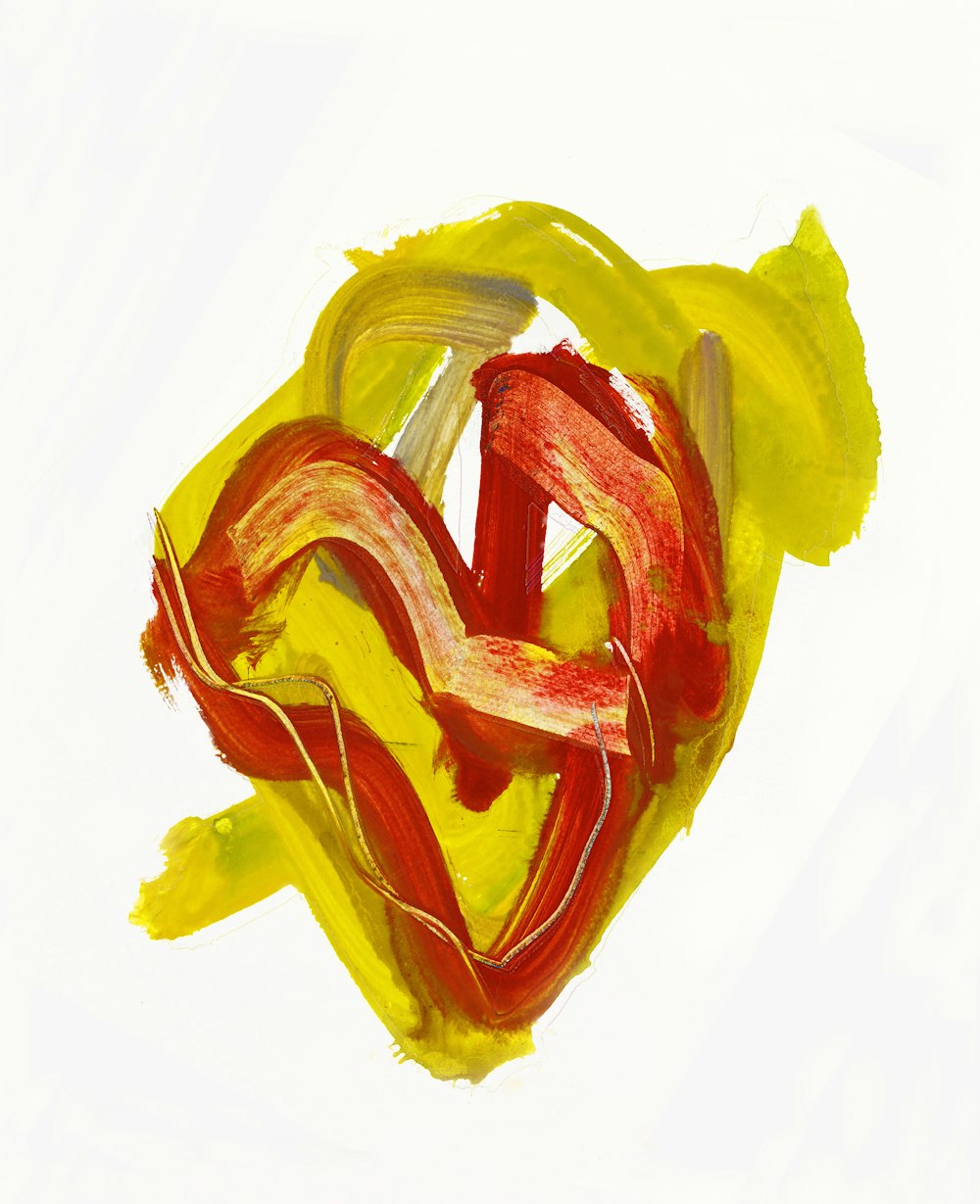 uma pintura de um coração amarelo e vermelho em um fundo branco