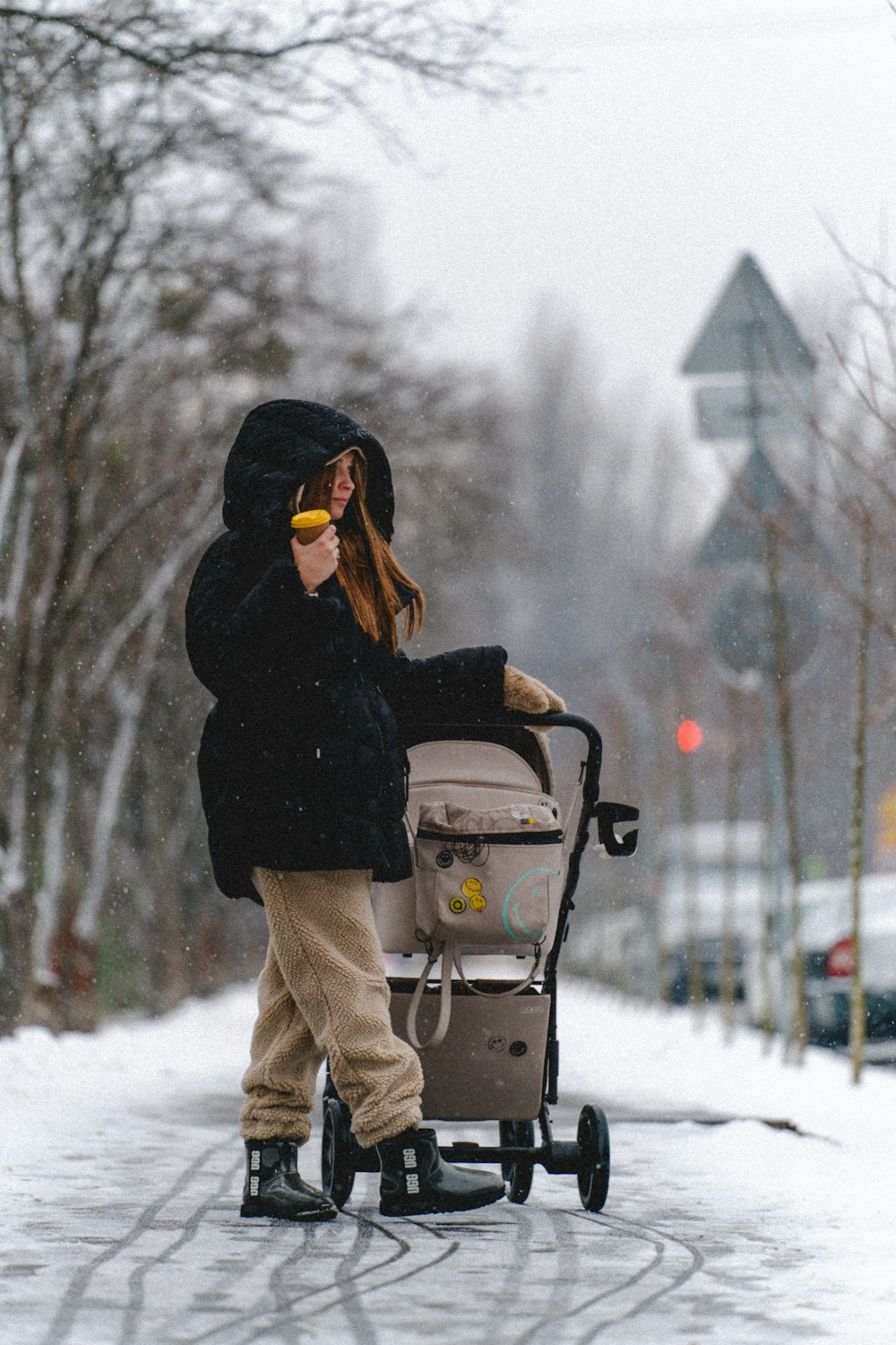 Eine Frau, die einen Kinderwagen eine schneebedeckte Straße hinunterschiebt