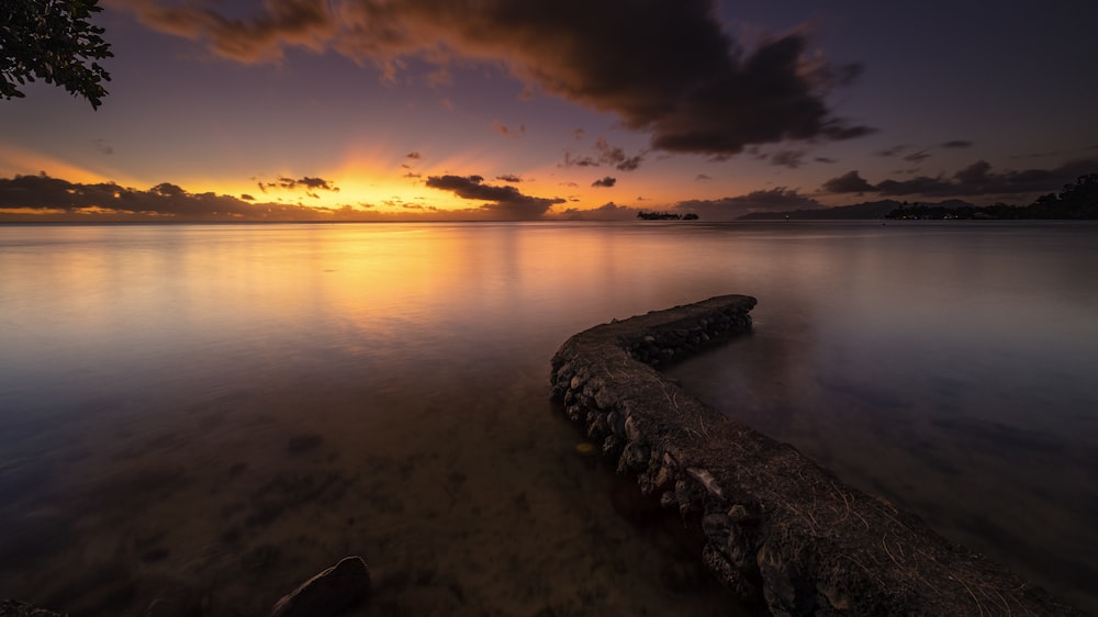 a sunset over a body of water with a log in the foreground