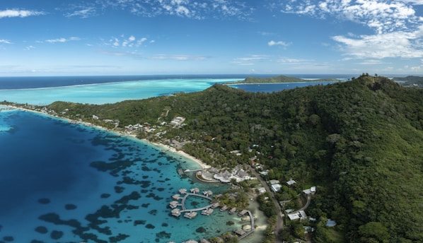 an aerial view of a tropical island in the middle of the ocean
