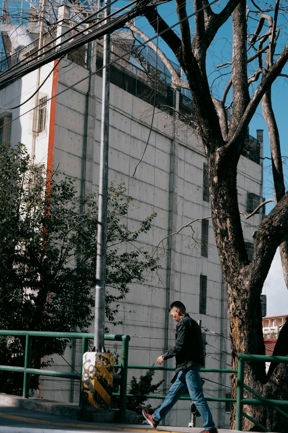 a man walking down a street next to a tree