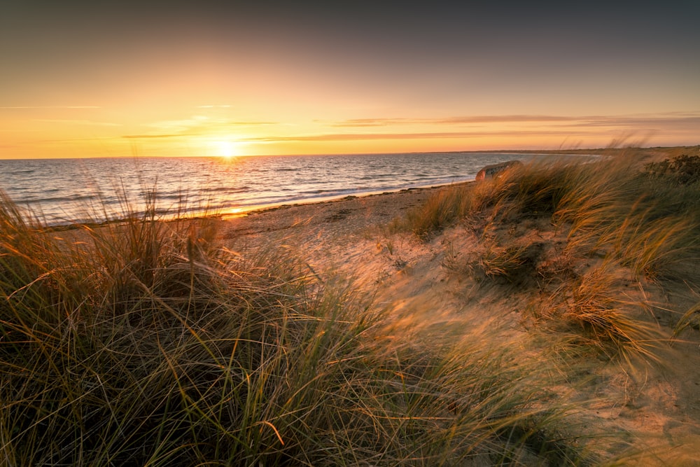 the sun is setting over the ocean on the beach