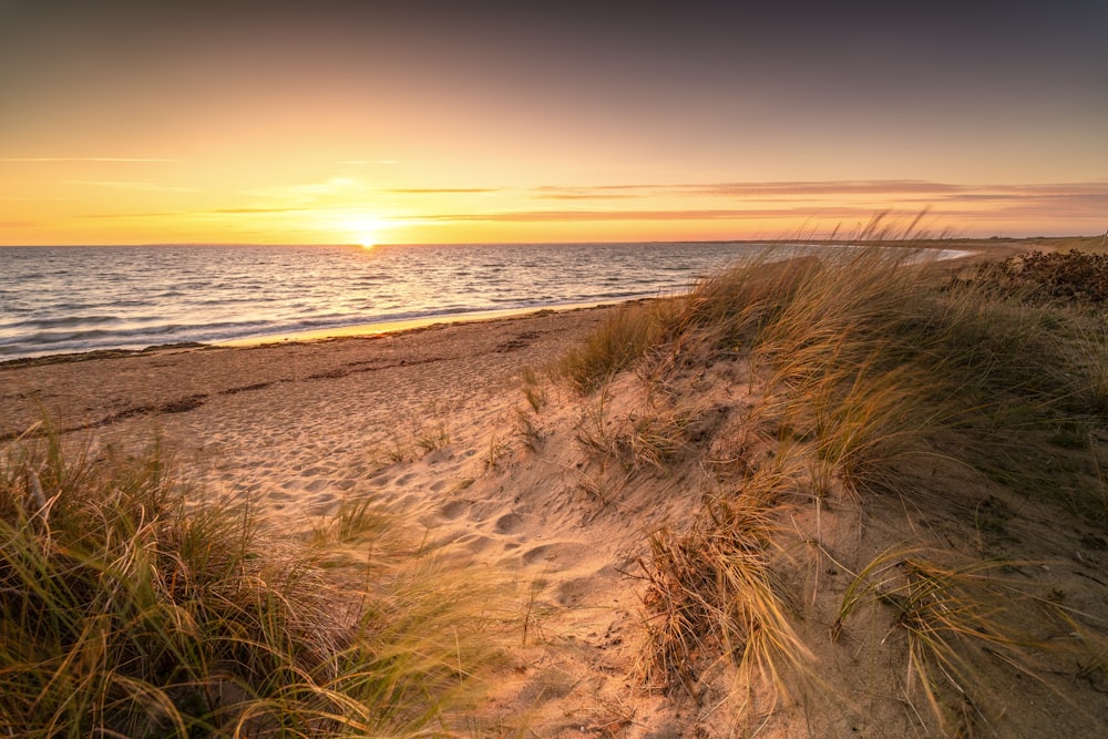 the sun is setting over the ocean on the beach