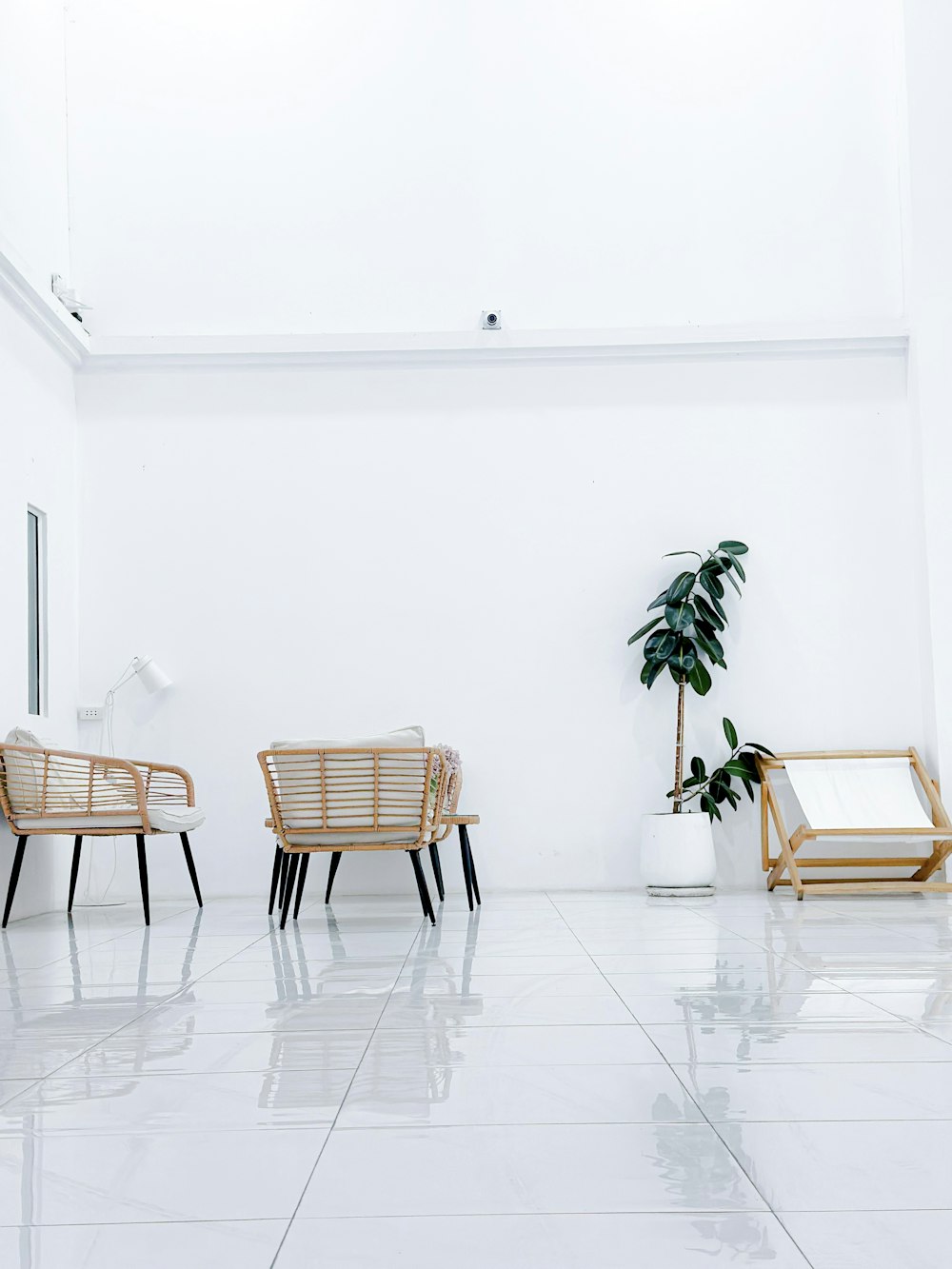a white room with three chairs and a potted plant