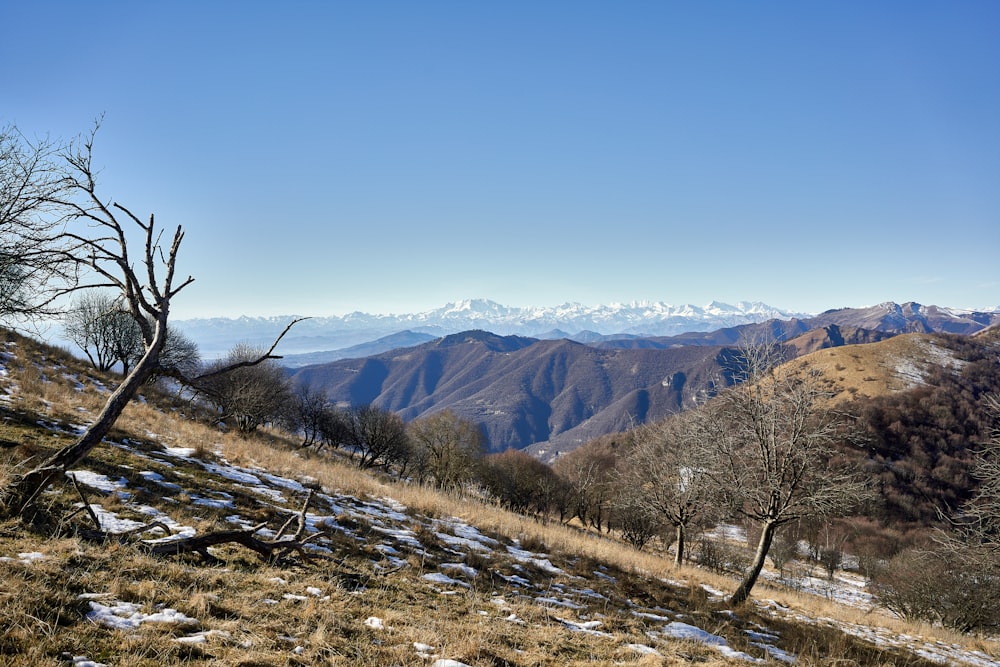 a view of a mountain range with snow on the ground