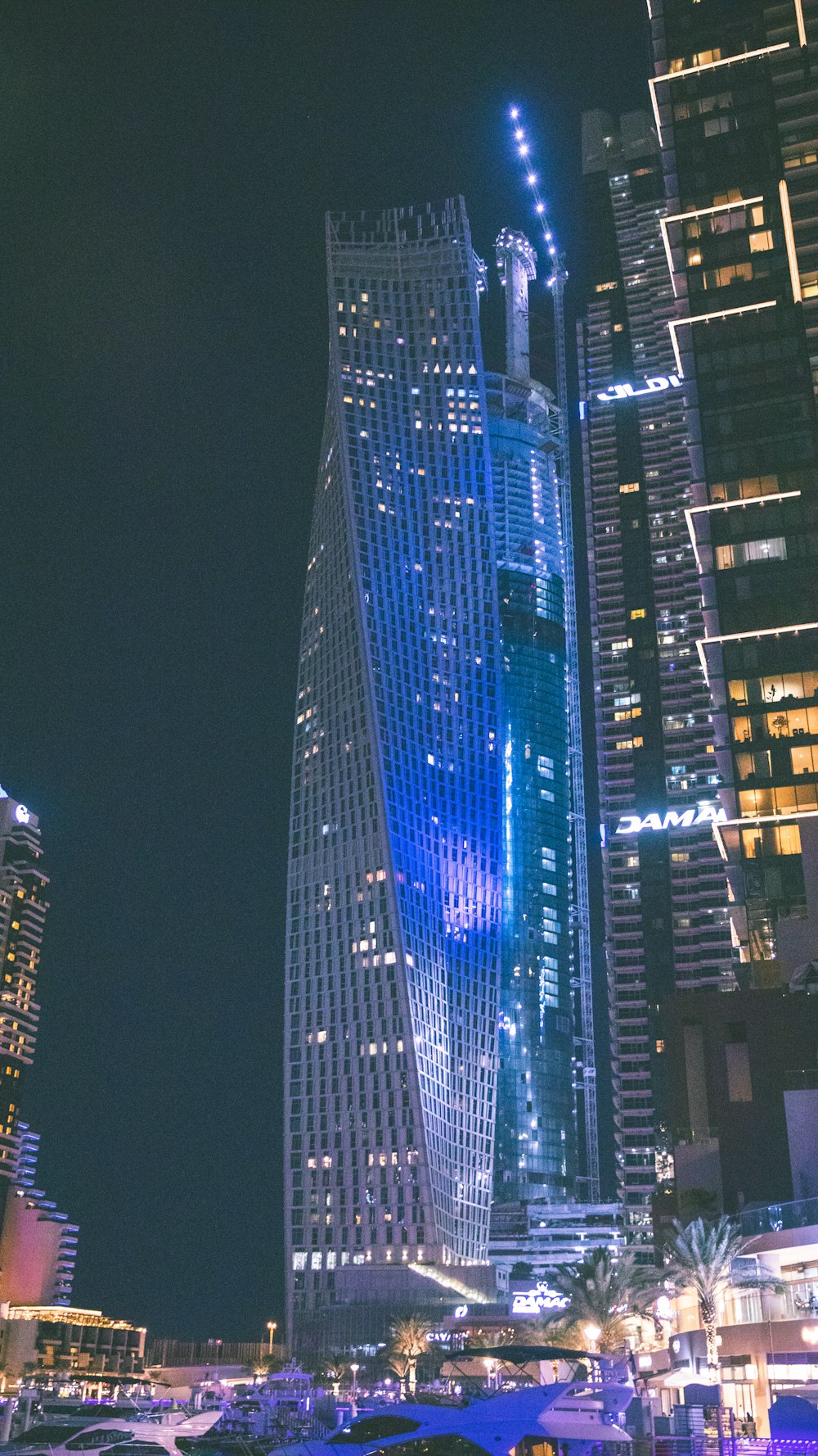 a very tall building lit up at night