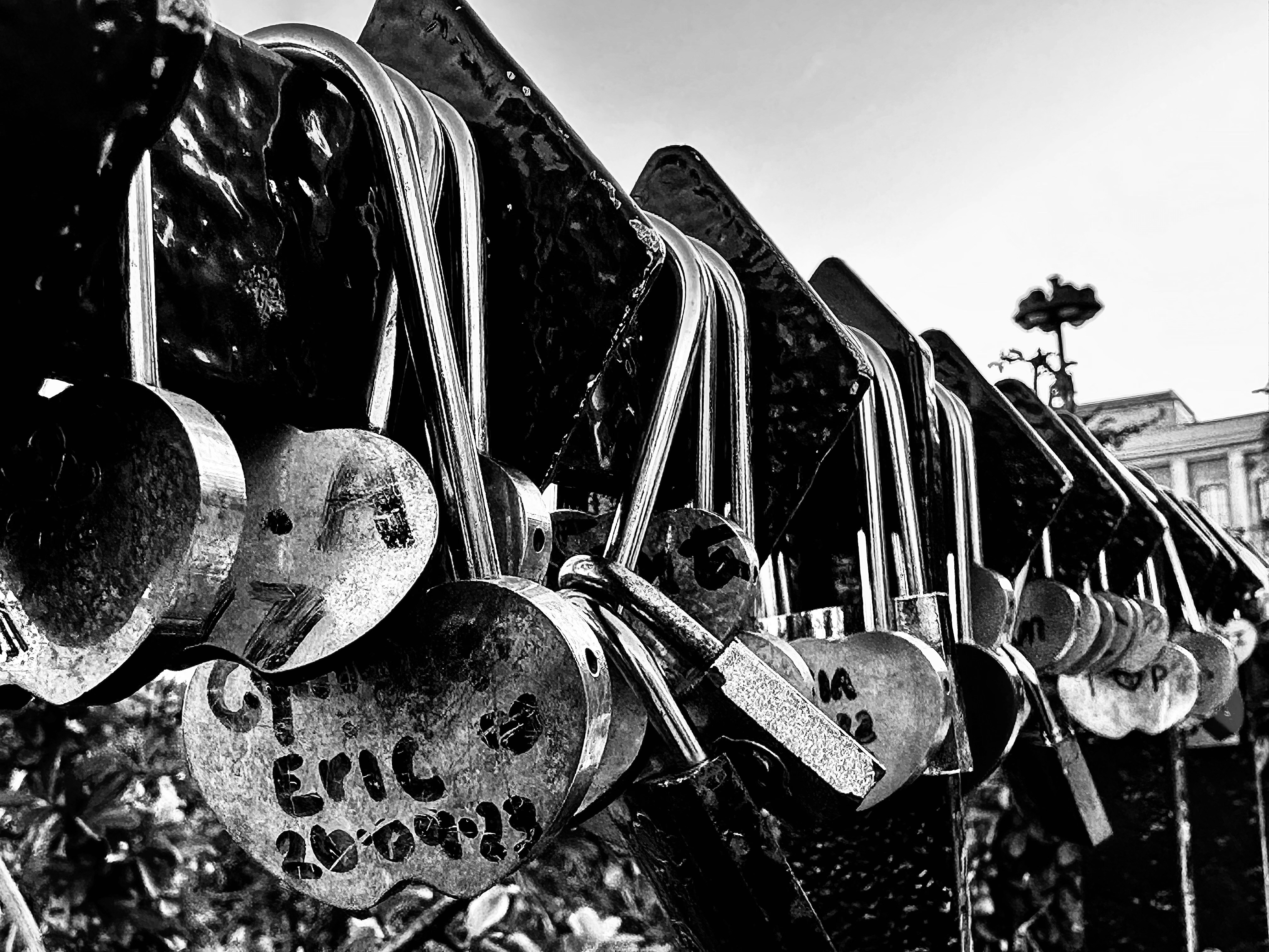 a black and white photo of a bunch of skis