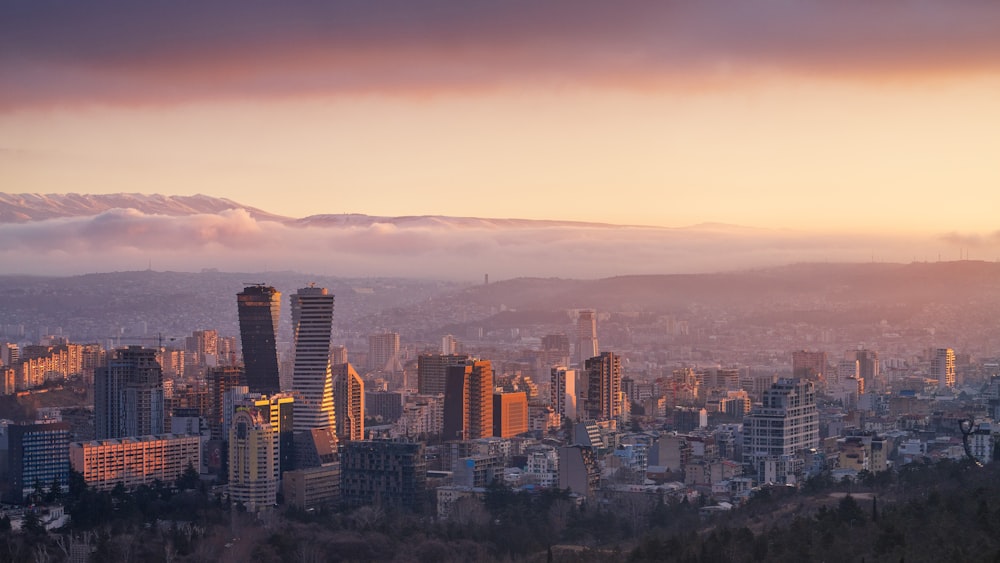 a view of a city with mountains in the background