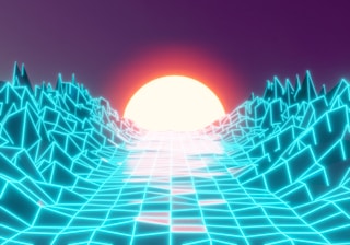 a computer generated image of a sun setting in the distance