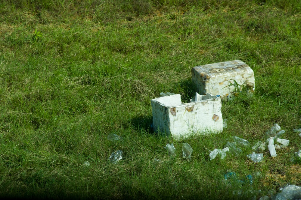 a couple of boxes that are in the grass