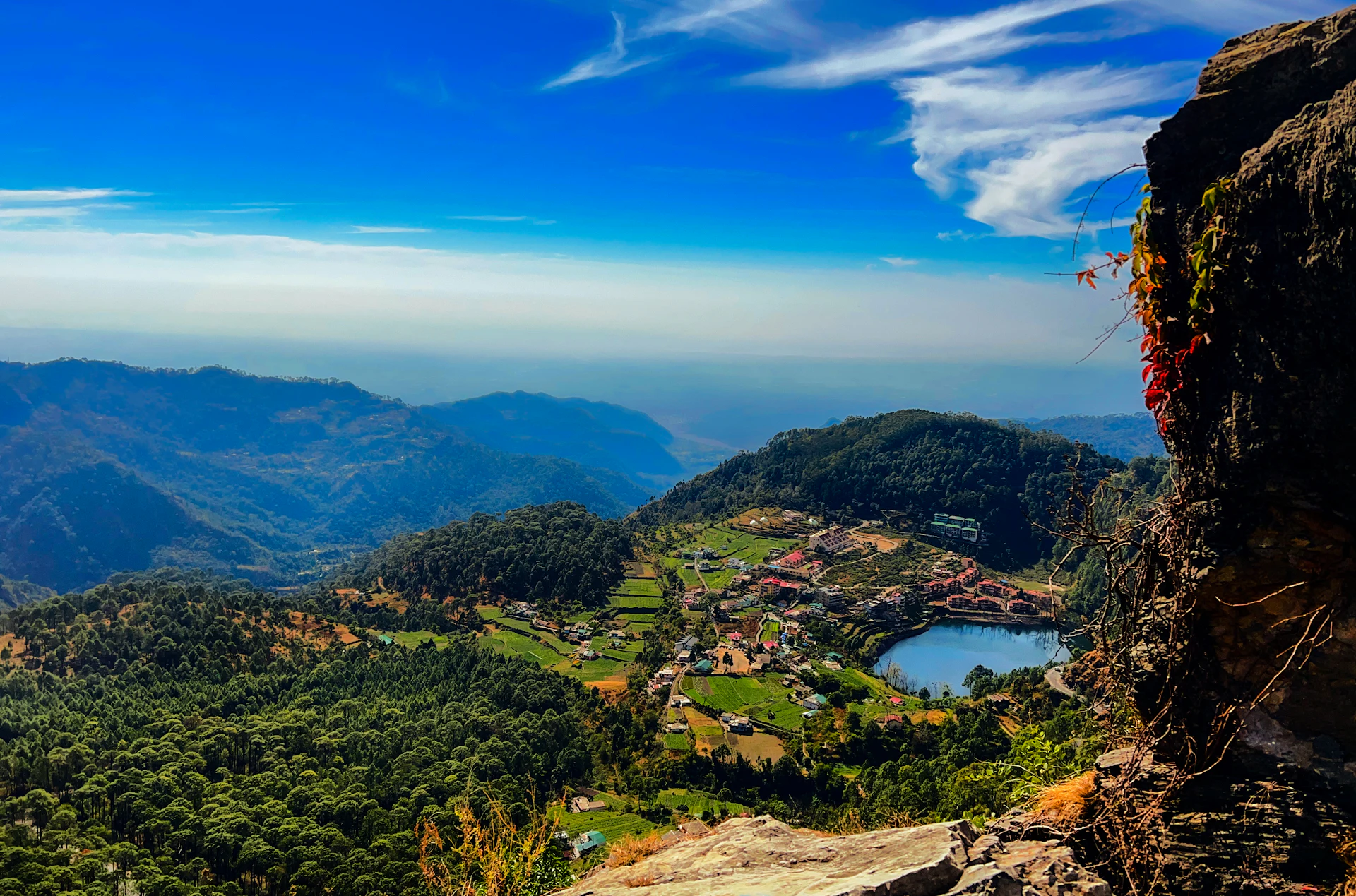 A valley with a lake and forested mountains in Nainital district