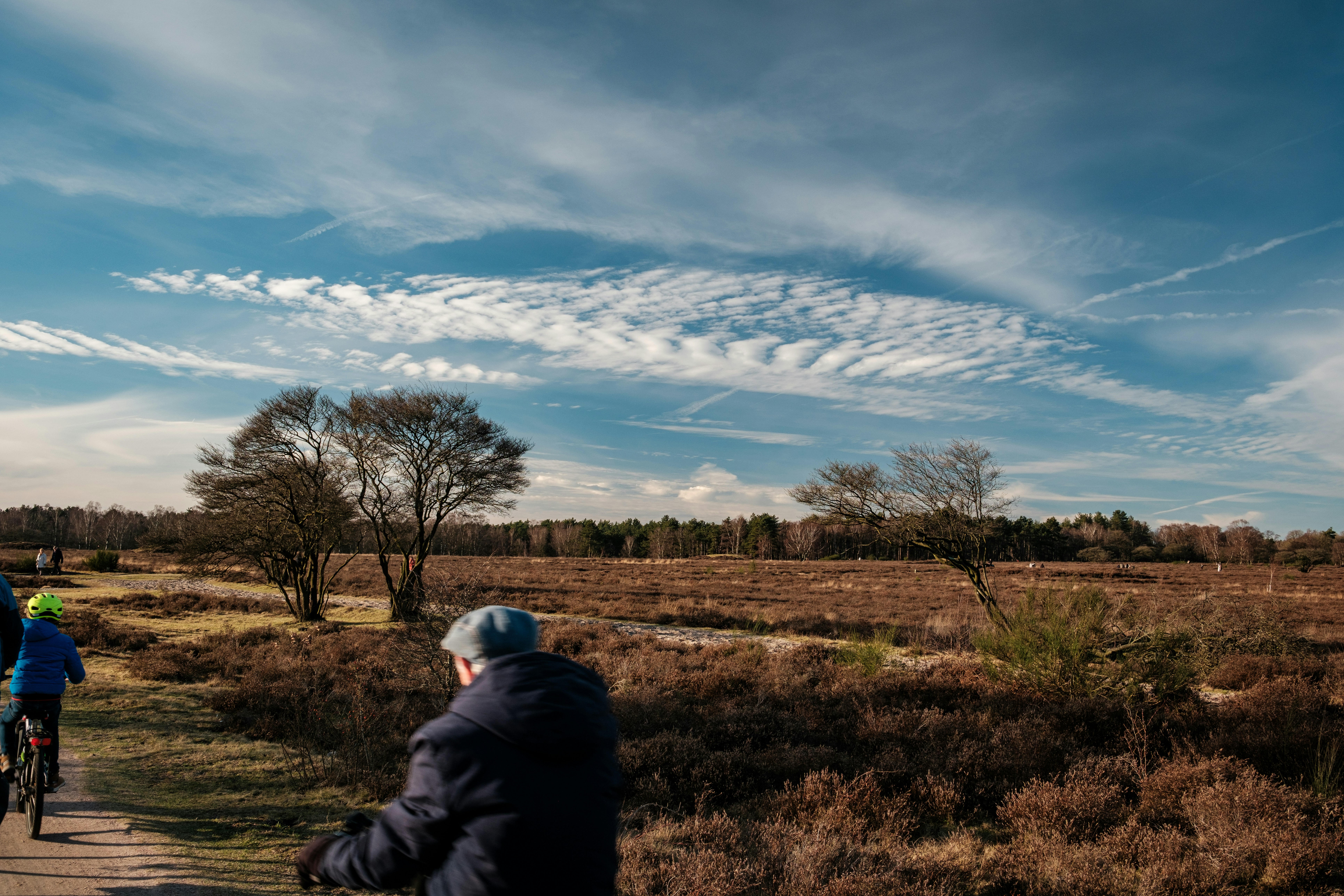 未舗装の道を自転車で走る数人