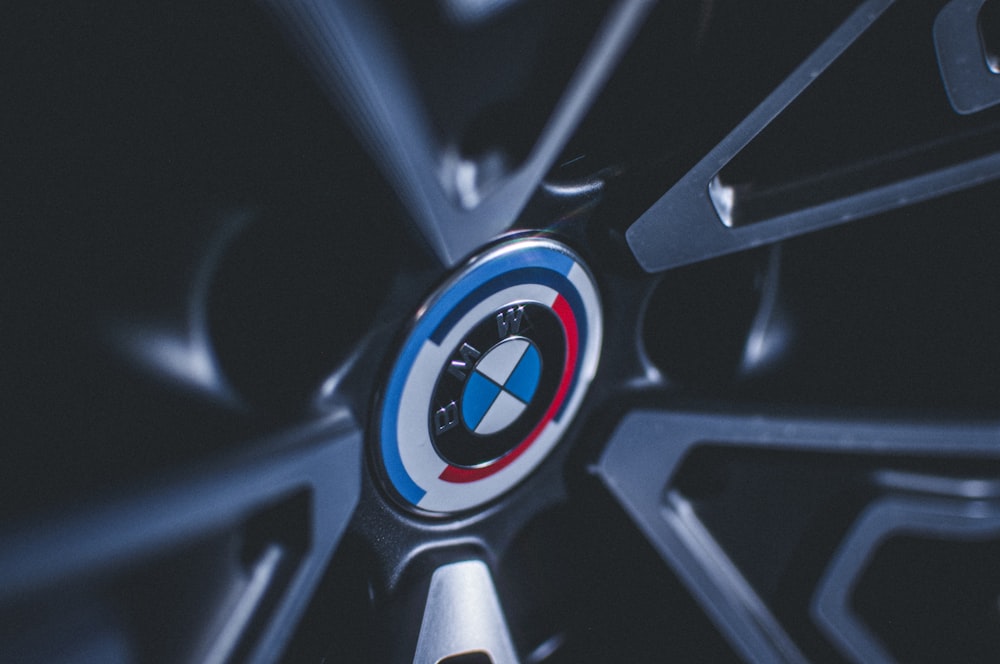 a close up of a wheel with a bmw logo on it