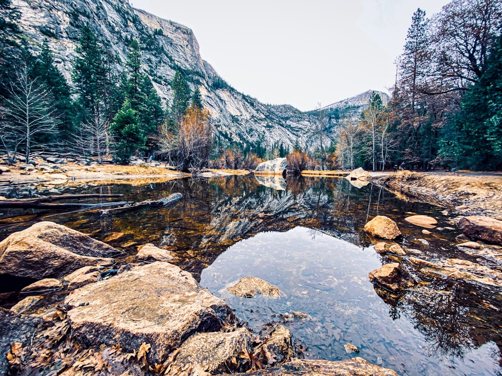 a mountain lake surrounded by rocks and trees