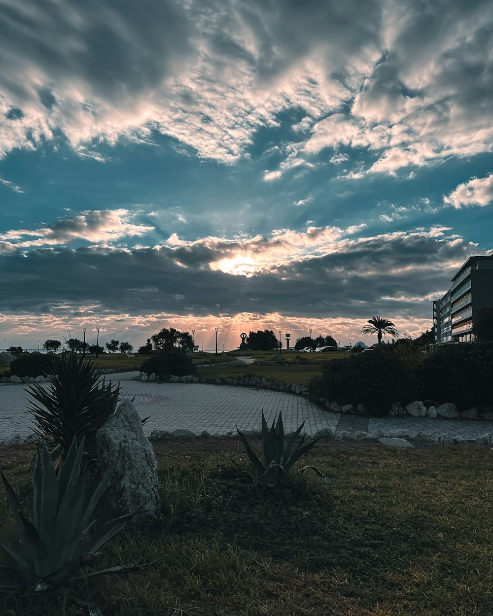 the sun is setting over a grassy area