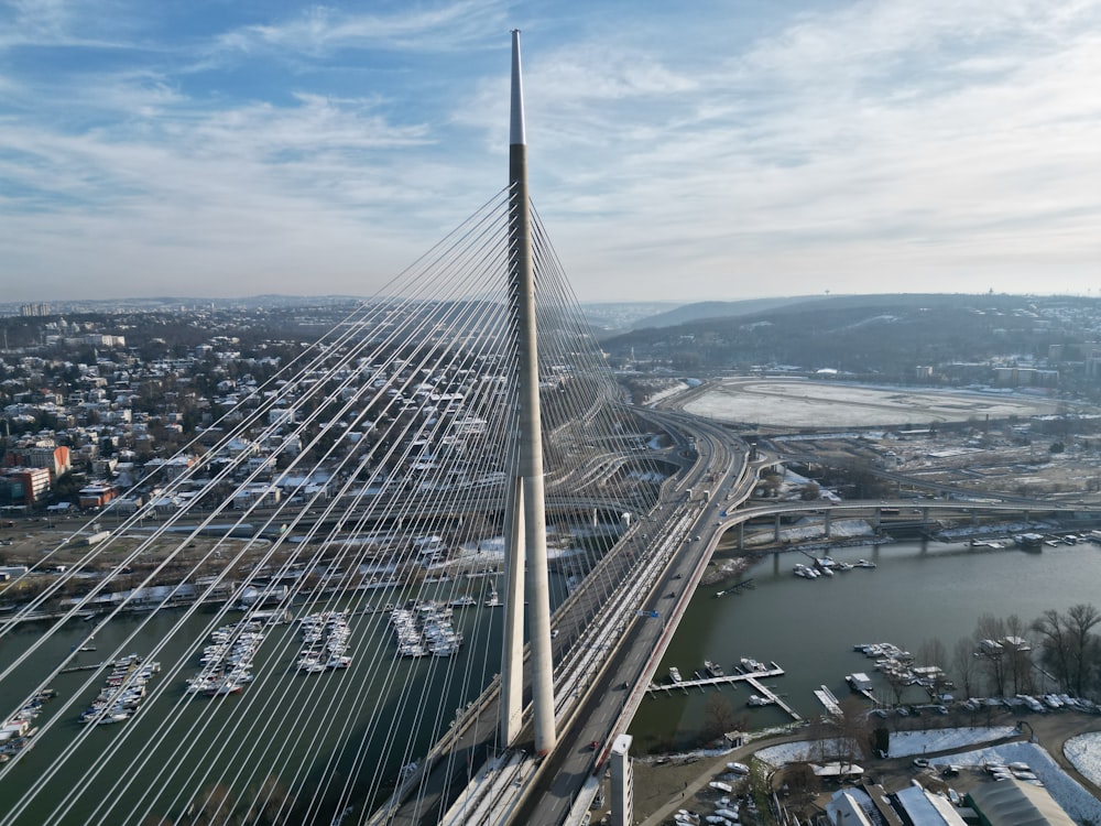 a very tall bridge over a large body of water