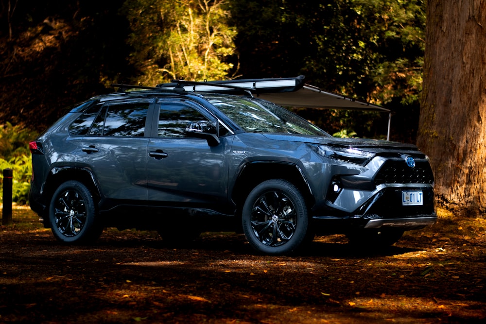 a silver toyota rav parked in the woods