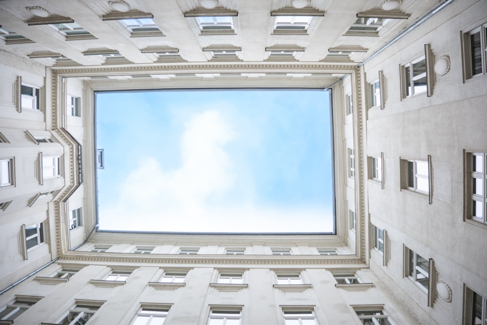 a view of the sky from the inside of a building
