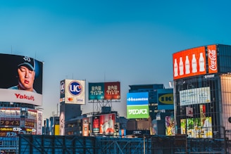 a city with lots of billboards and buildings