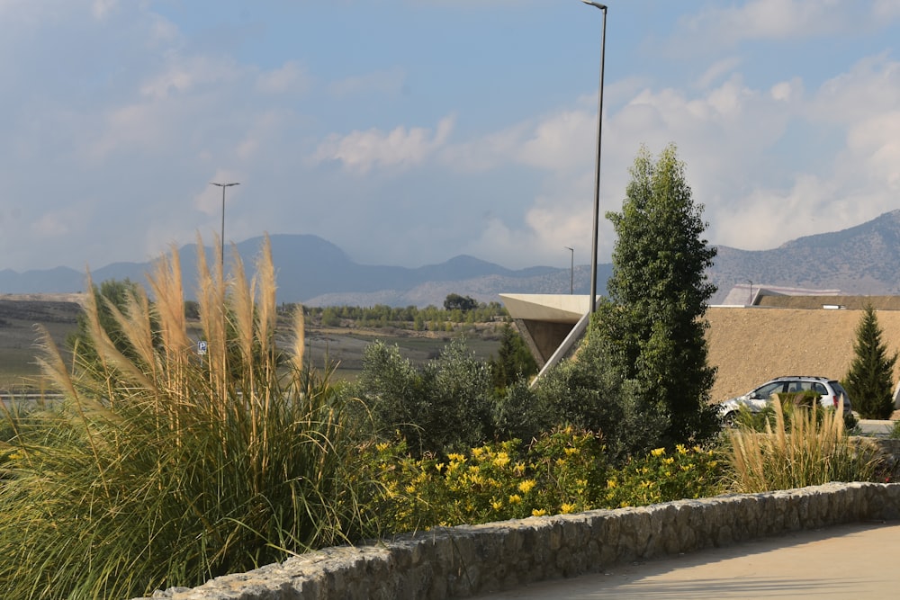 a view of a house with mountains in the background