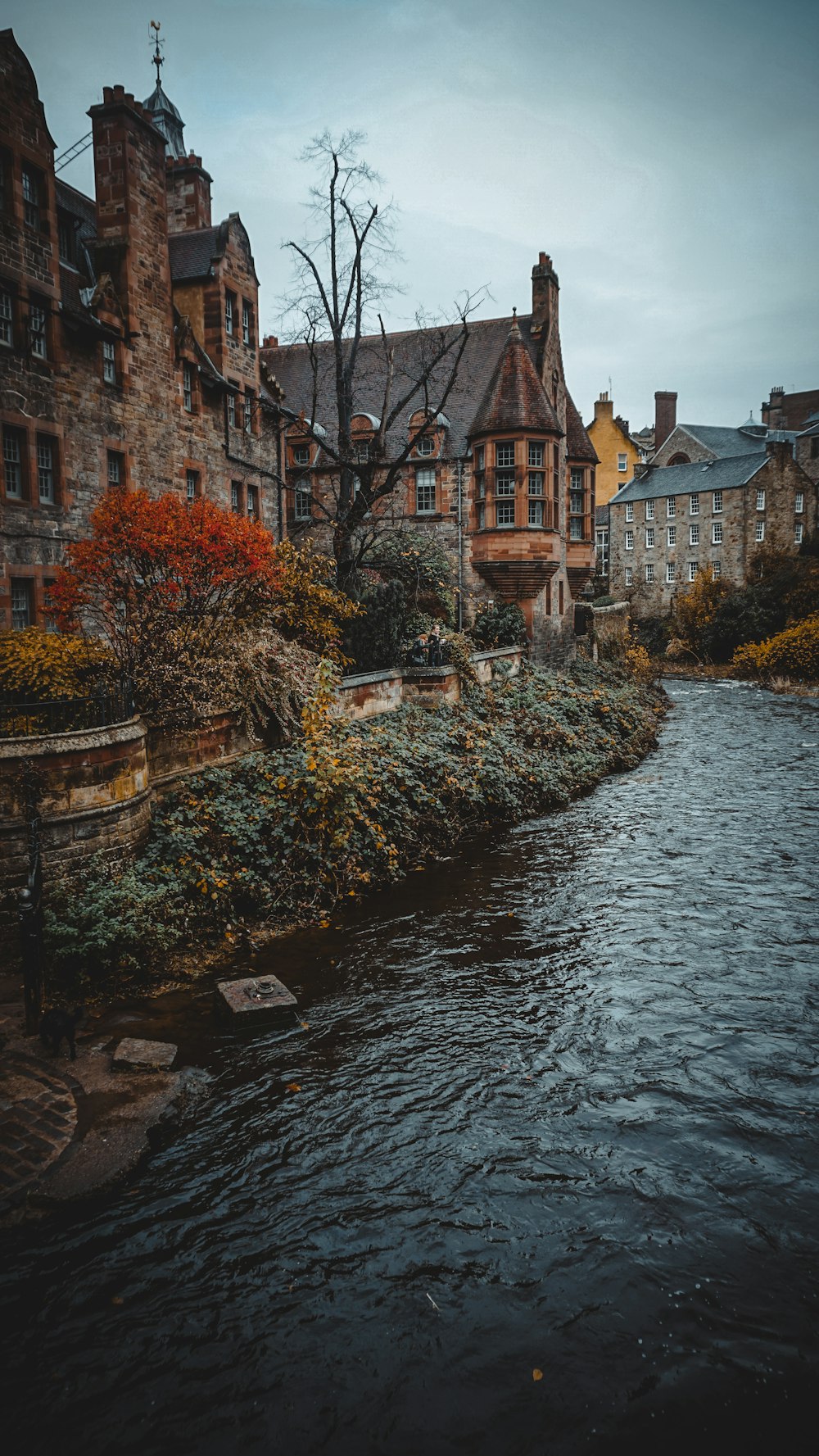 a river running through a city next to tall buildings