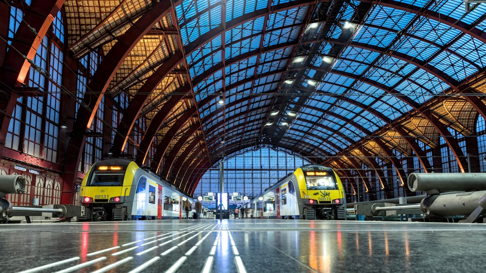 uma estação de trem com dois trens nos trilhos