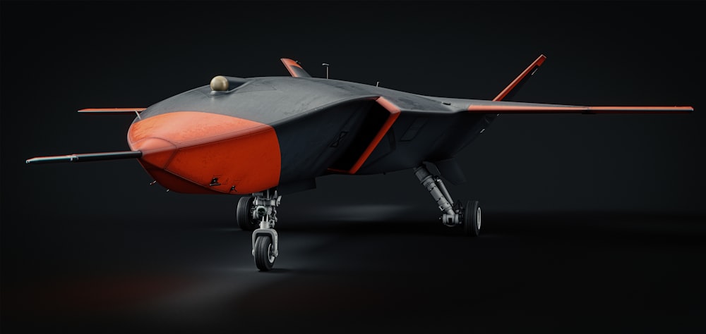 a red and gray fighter jet on a black background