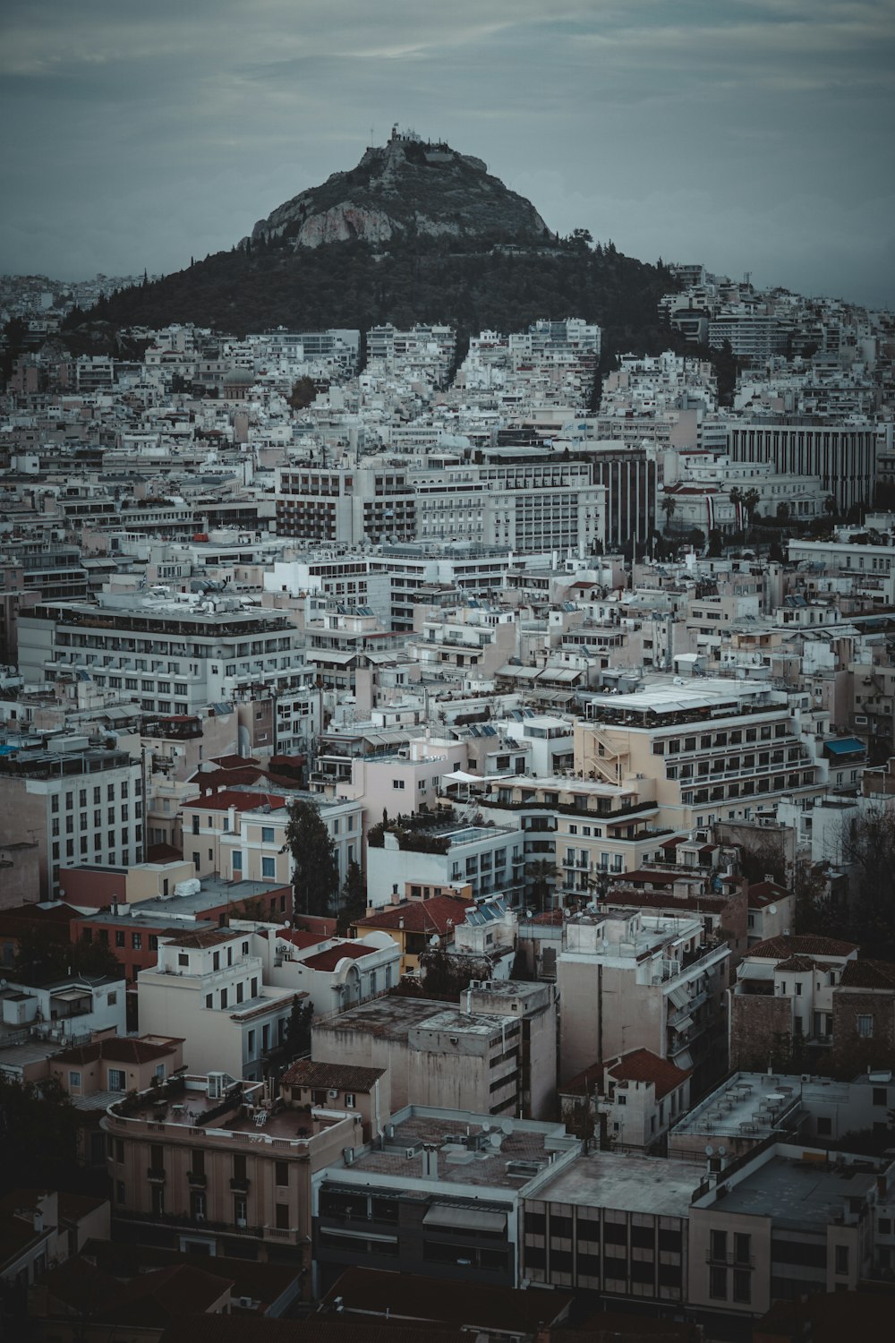 a view of a city with a mountain in the background