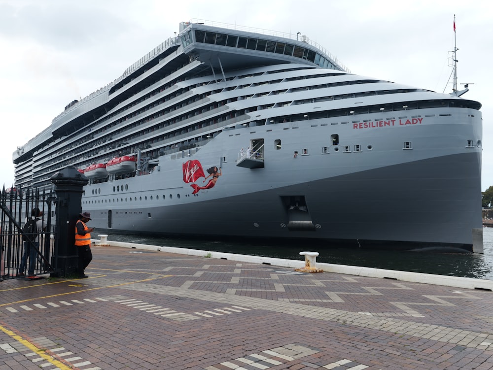 a large cruise ship docked at a dock