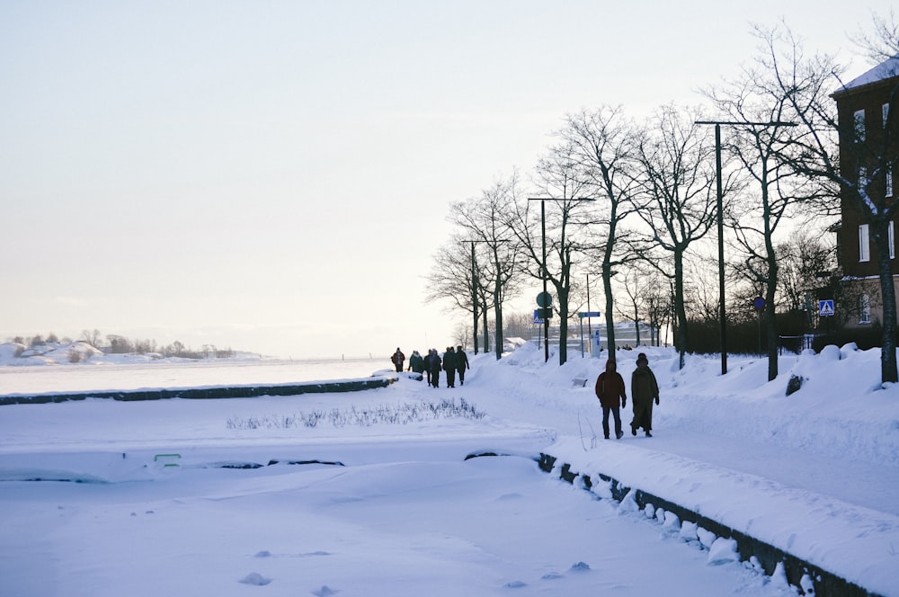 a group of people walking down a snow covered sidewalk