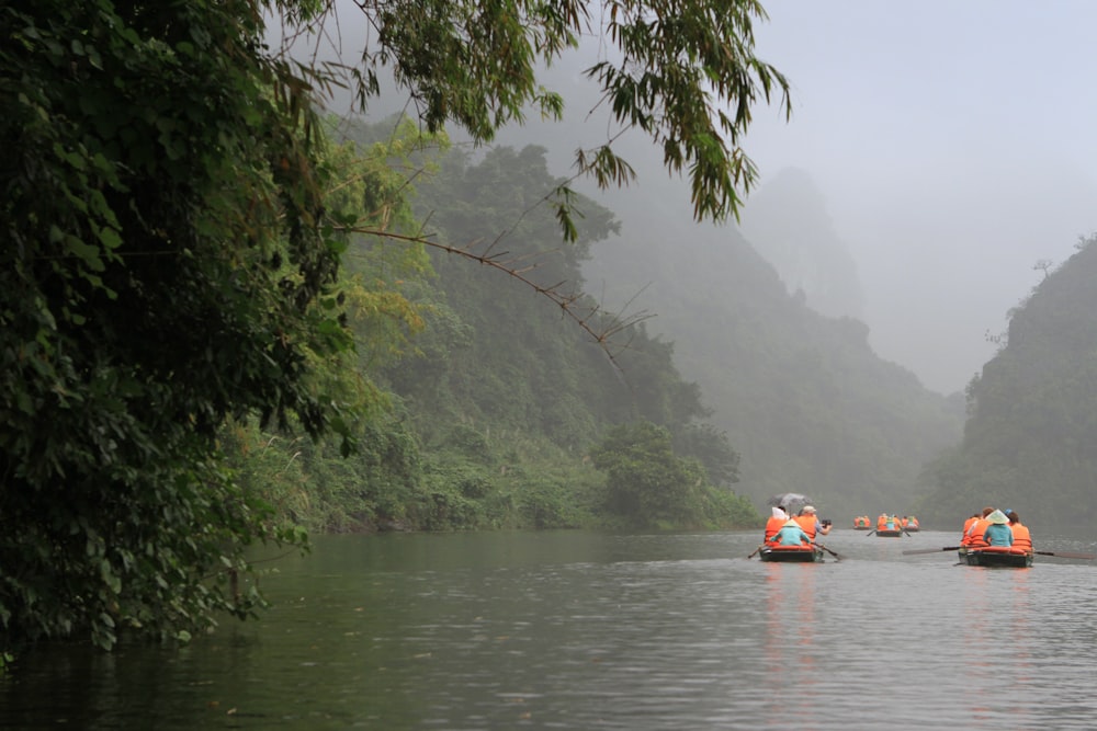 a group of people in canoes paddling down a river