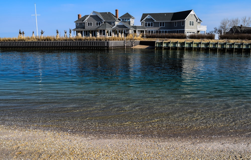 a body of water with houses in the background