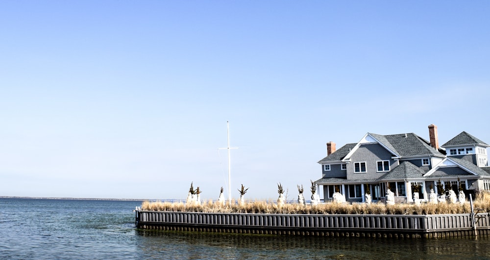 a house sitting on the edge of a body of water