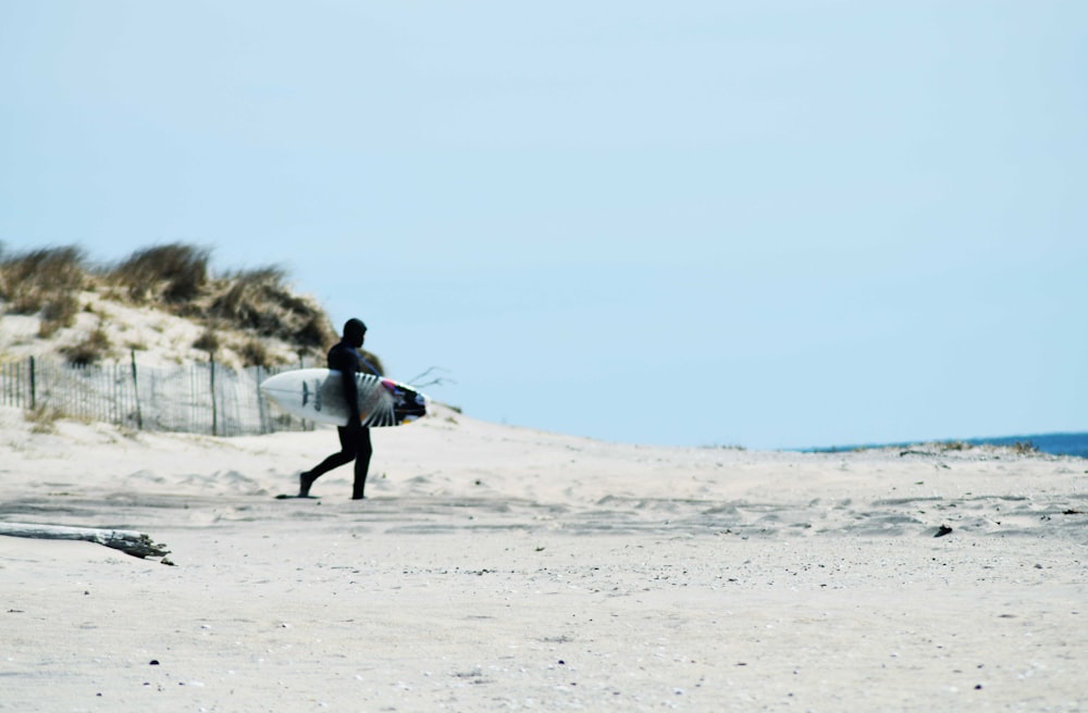 uma pessoa andando em uma praia com uma prancha de surf