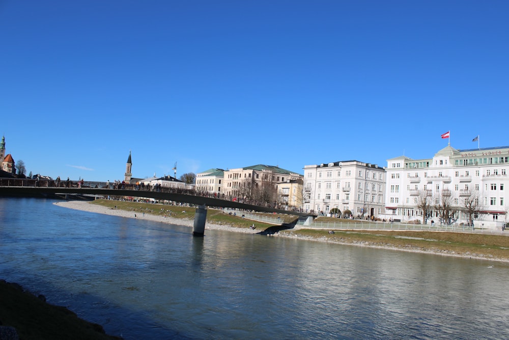 a river running through a city next to tall buildings