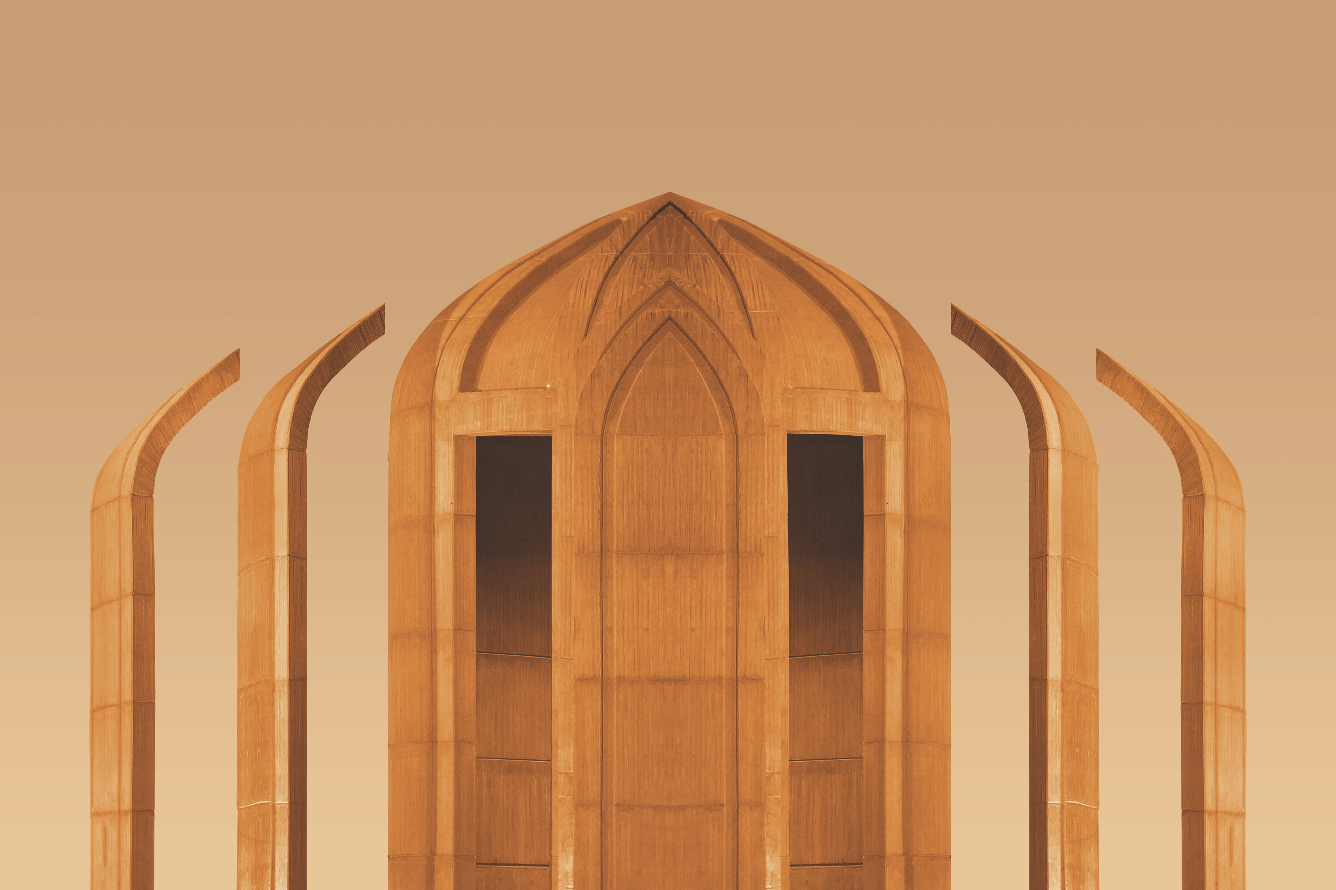 a tall wooden building with arched doorways