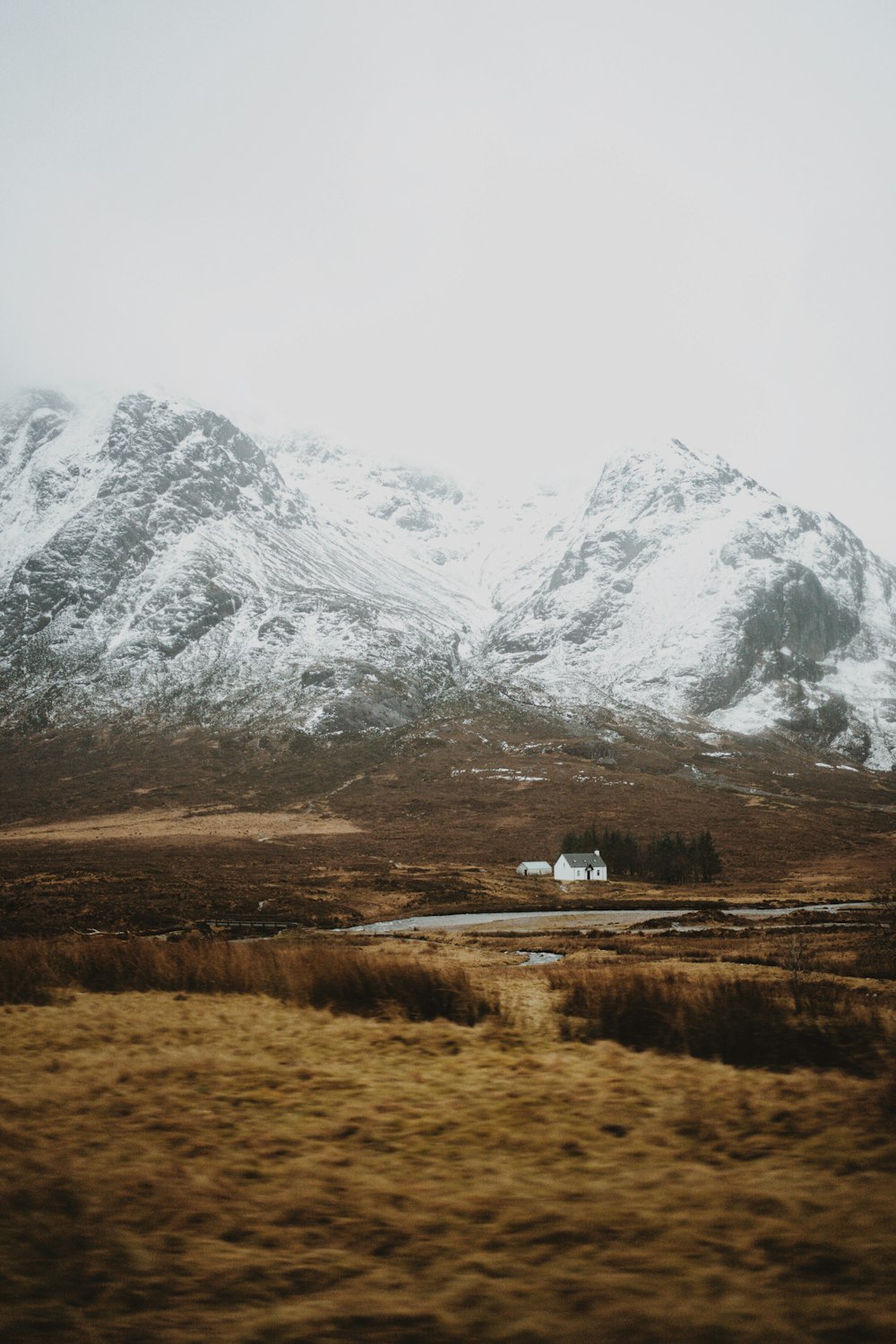 a house in the middle of a field with a mountain in the background