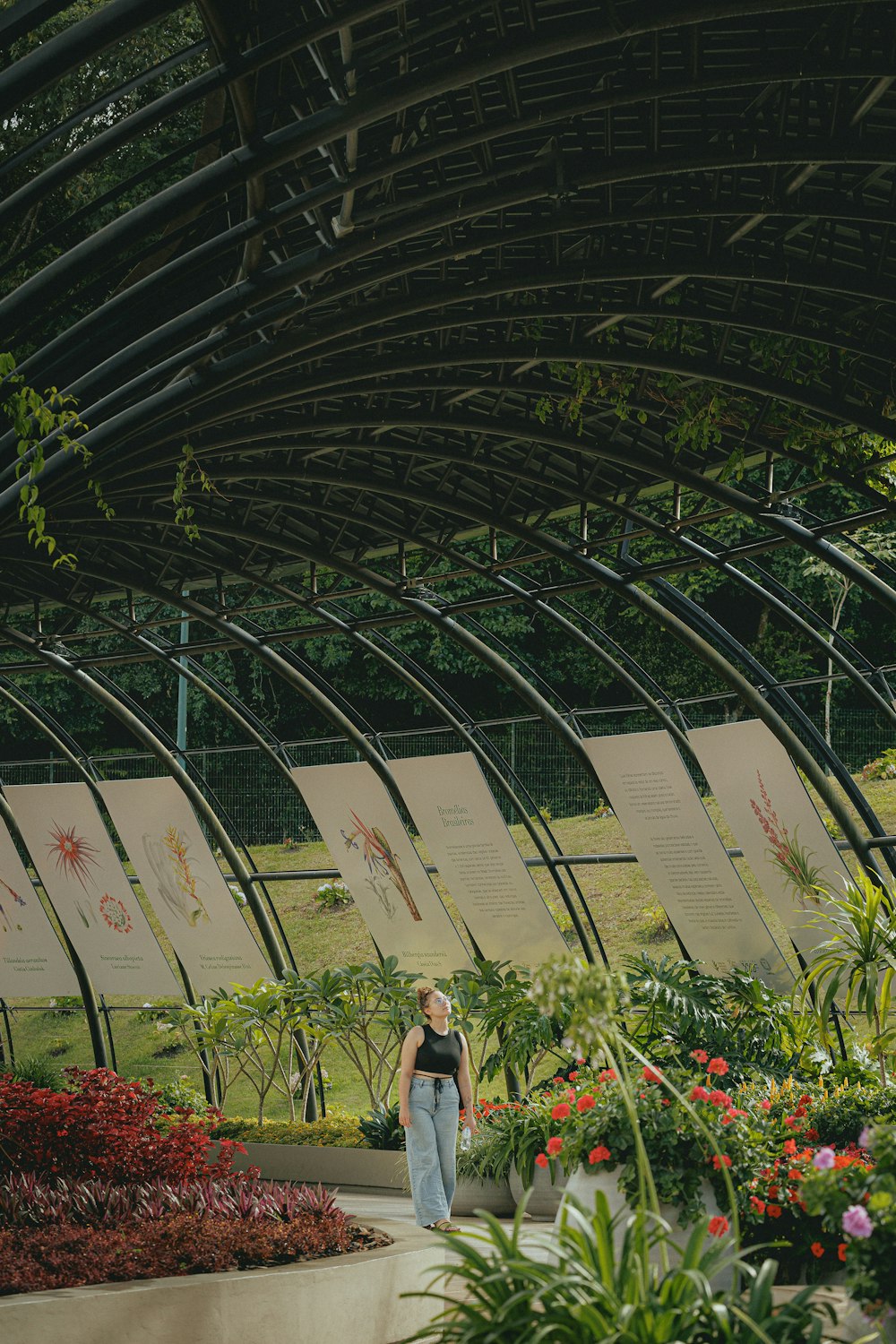 a woman walking through a garden filled with lots of plants
