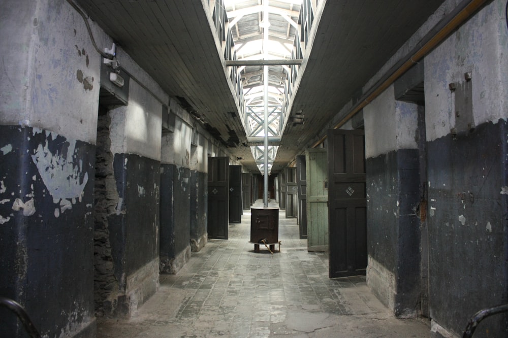 a long narrow hallway with a skylight above it