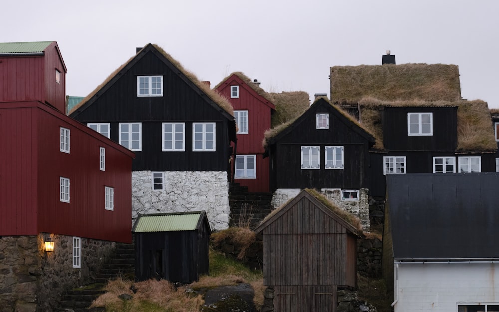 a row of houses with grass roofs on top of them