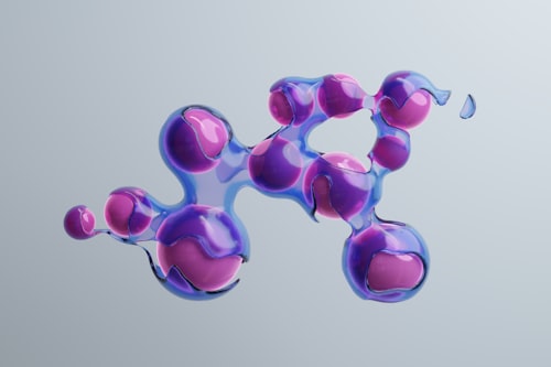 3D molecular structure model in blue and purple representing drug discovery and chemistry simulations enabled by quantum computing