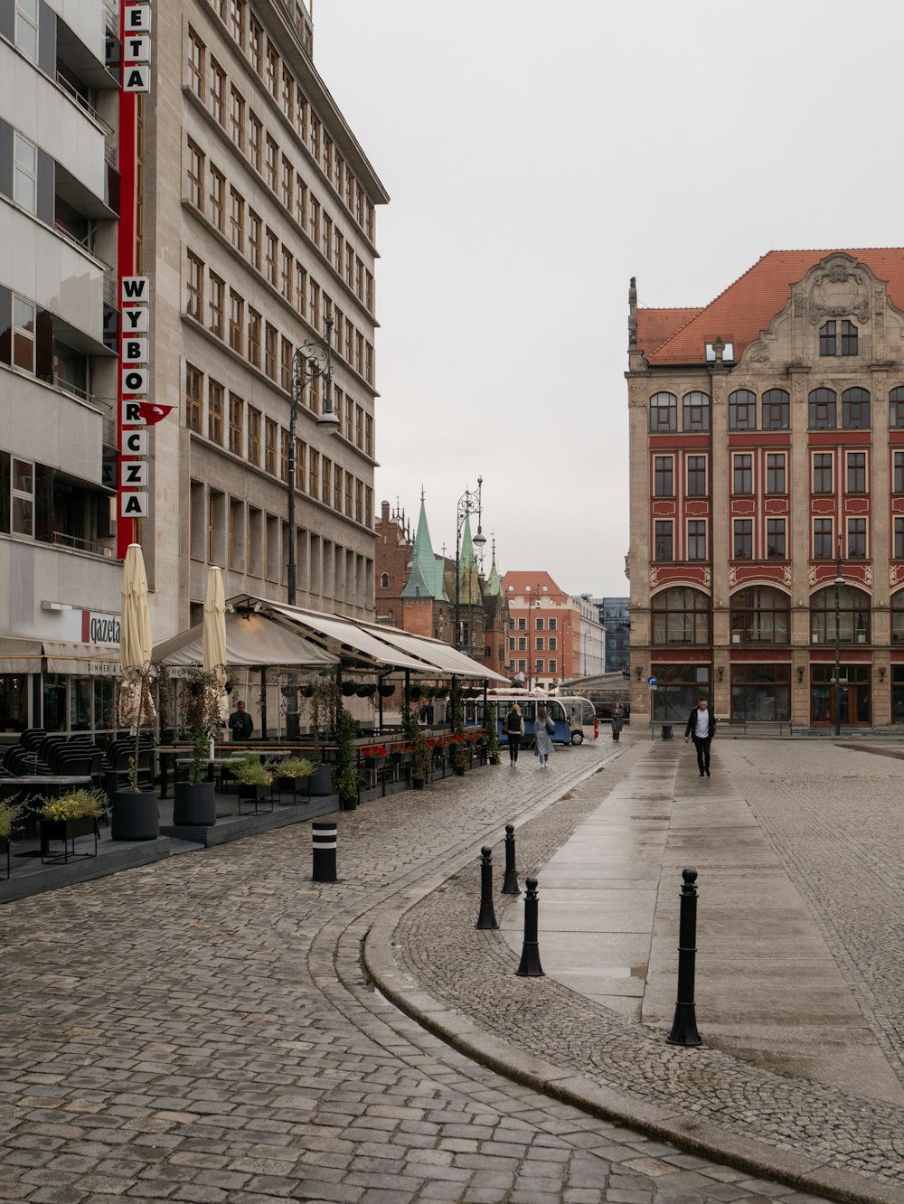 a cobblestone street in a european city