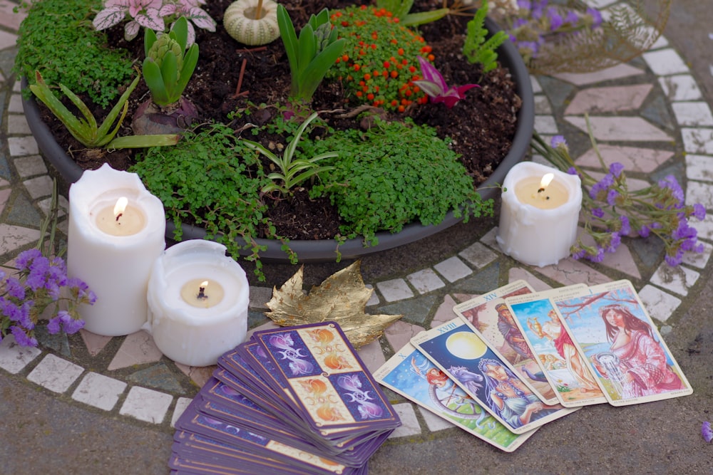 a table topped with candles and cards next to a potted plant