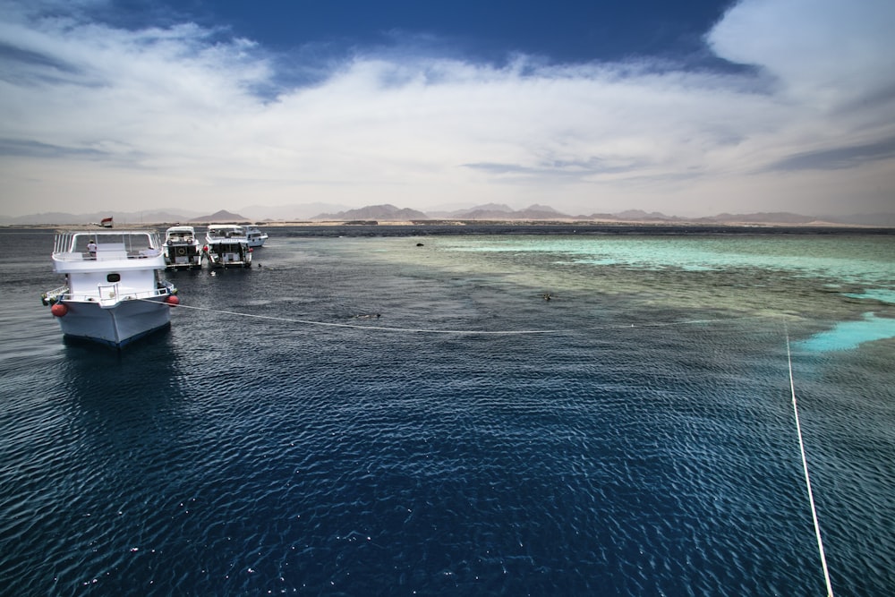 a group of boats floating on top of a body of water