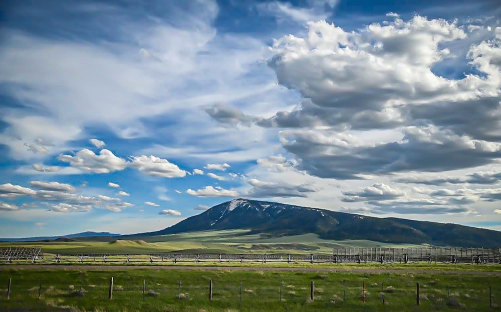 a field with a mountain in the background