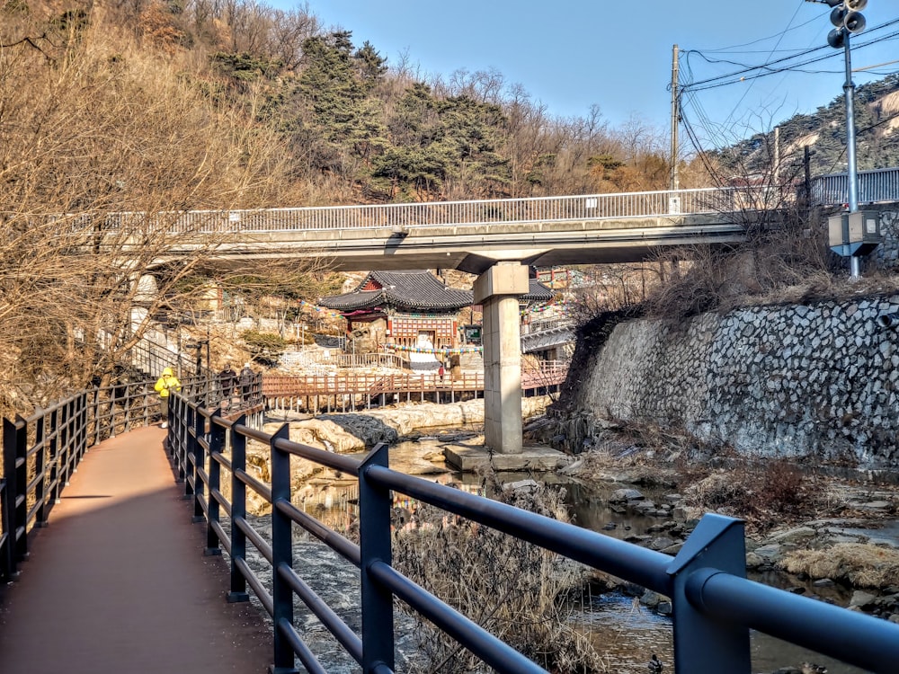 a bridge over a river next to a forest