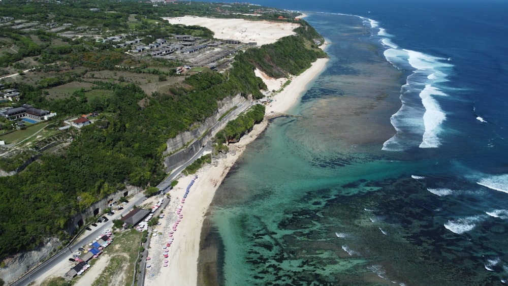 an aerial view of a beach and ocean