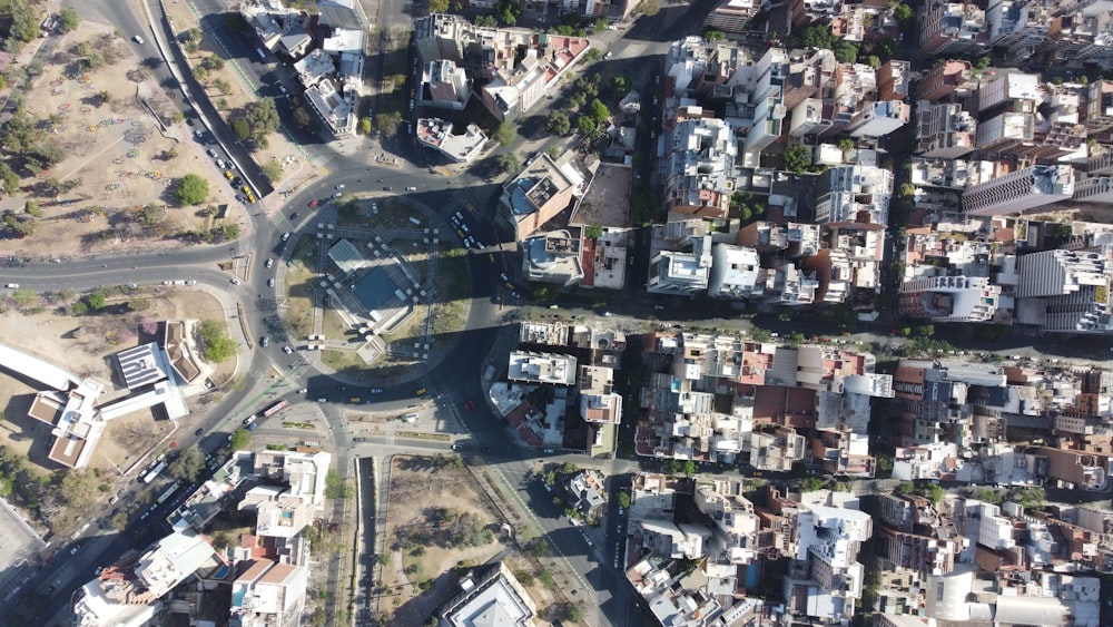 an aerial view of a city with lots of buildings